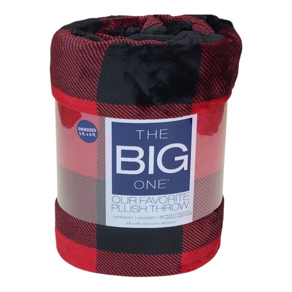The Big One Oversized Plush Throw Blanket 5'x6' Red & Black Plaid Faux Fur - Picture 1 of 9